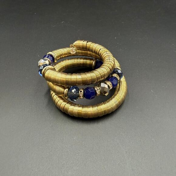 Vintage Gold Tone Stretch Cuff Bracelet Blue Charms Women's Jewelry - Picture 1 of 5